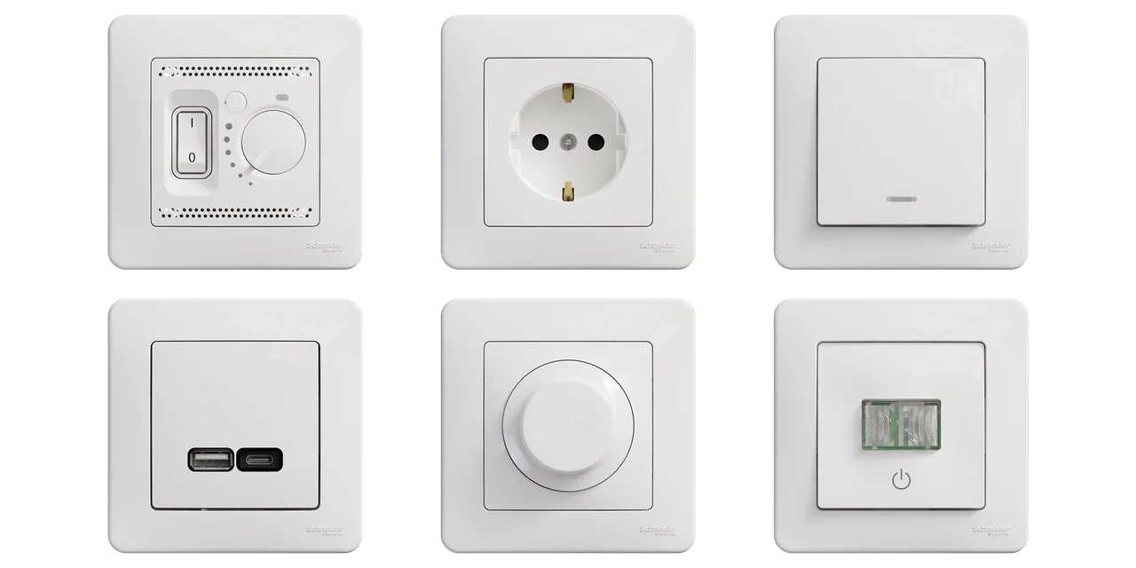 Șase mecanisme Sedna: termostat, priză, întrerupător, încărcător USB, variator și detector de mișcare