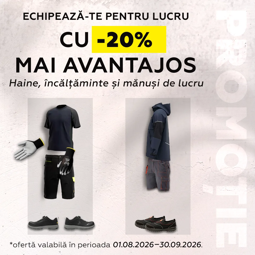 Echipează-te pentru lucru cu minus 20 procent mai avantajos. Haine, încălțăminte și mănuși de lucru. Ofertă valabilă în perioada 01.08.2026-30.09.2026.