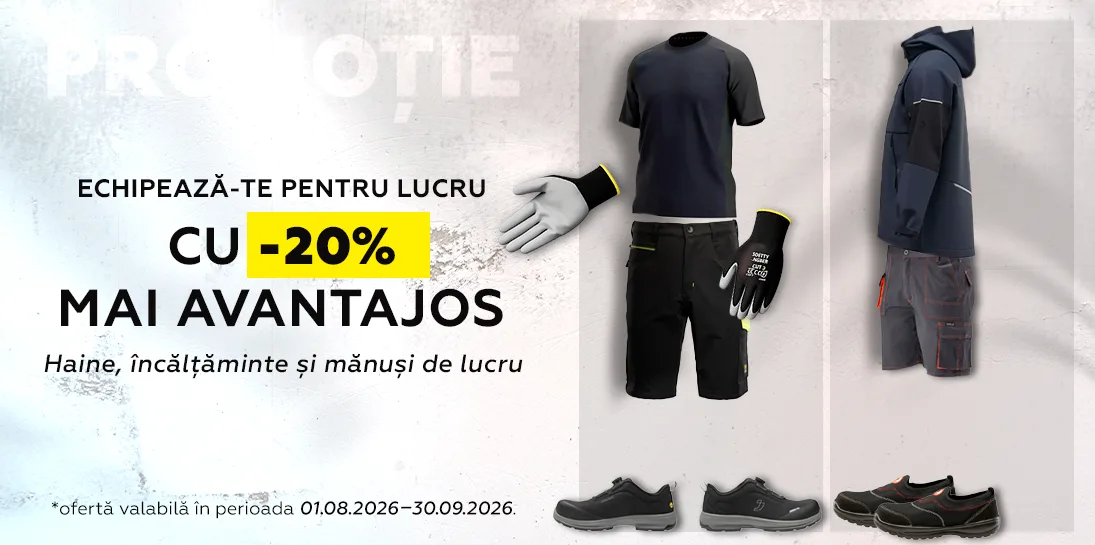 Echipează-te pentru lucru cu minus 20 procent mai avantajos. Haine, încălțăminte și mănuși de lucru. Ofertă valabilă în perioada 01.08.2026-30.09.2026.